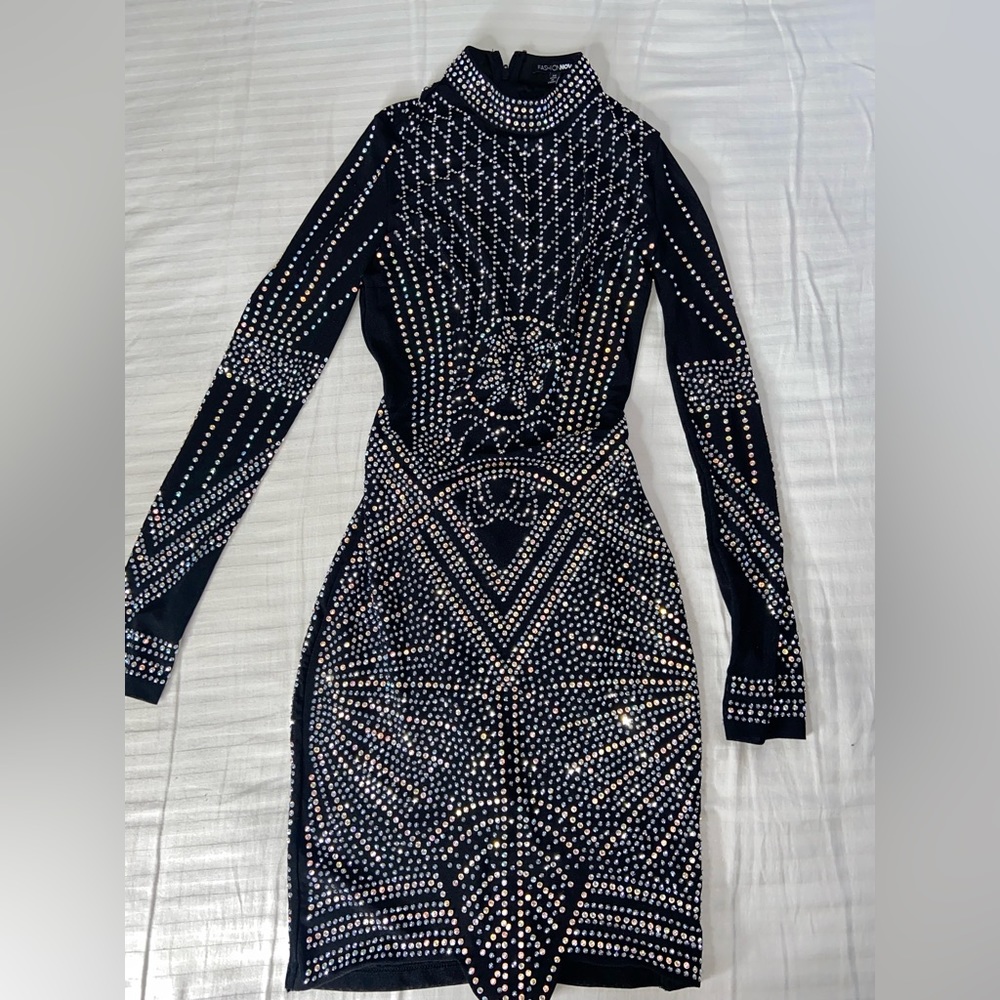 Fashion nova rhinestone black body-con dress long sleeve bodycon - Picture 2 of 5